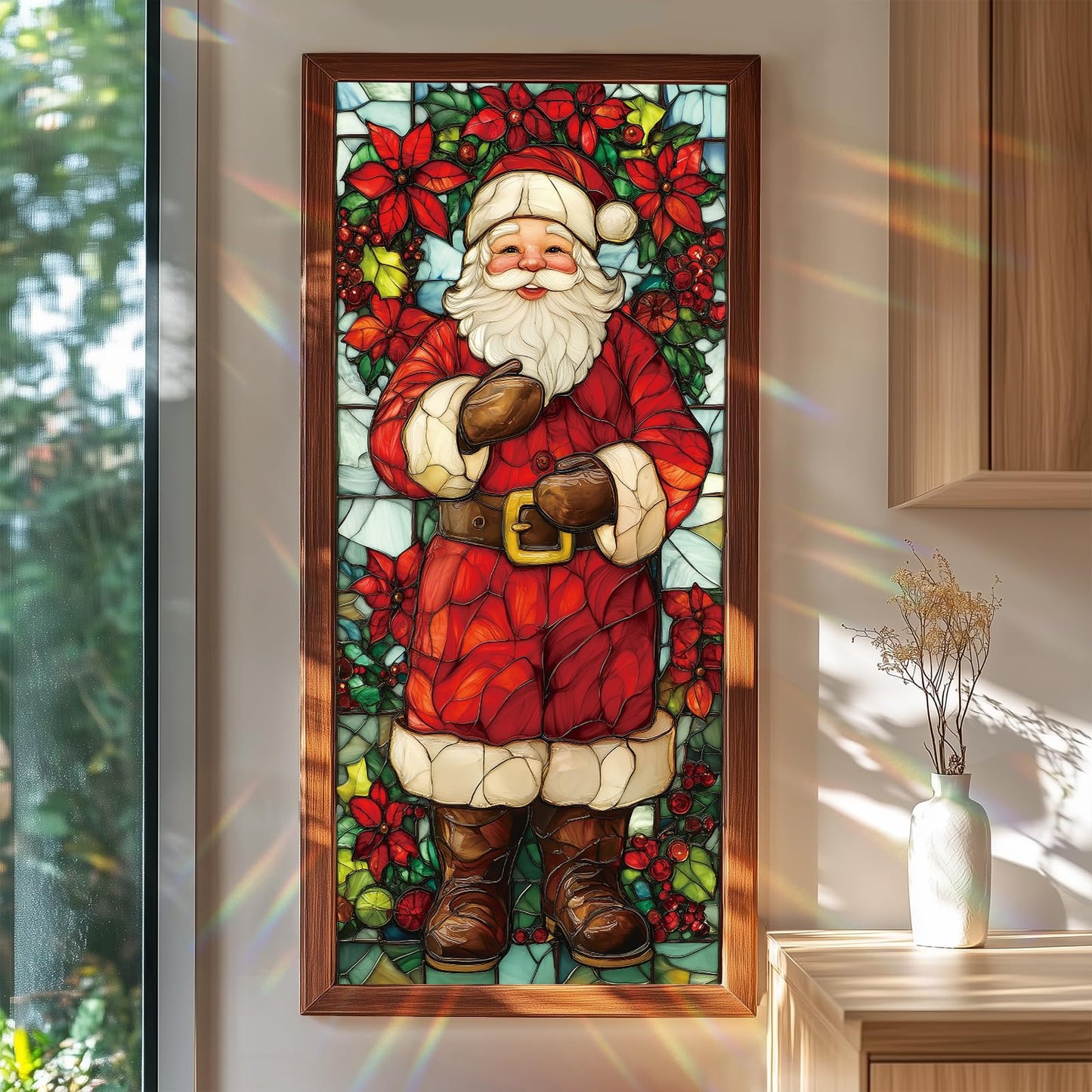 Window Film 17.3 x 39.3 Inch Christmas Santa Claus Privacy Glass Sticker Stained Glass Style Decorative Window Covering with Poinsettia Red Green Pattern Self Adhesive Removable for Home