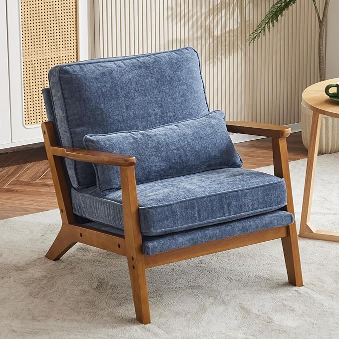 VINGLI Solid Wood Wide Armrests Accent Chair, Upholstered Mid Century Modern