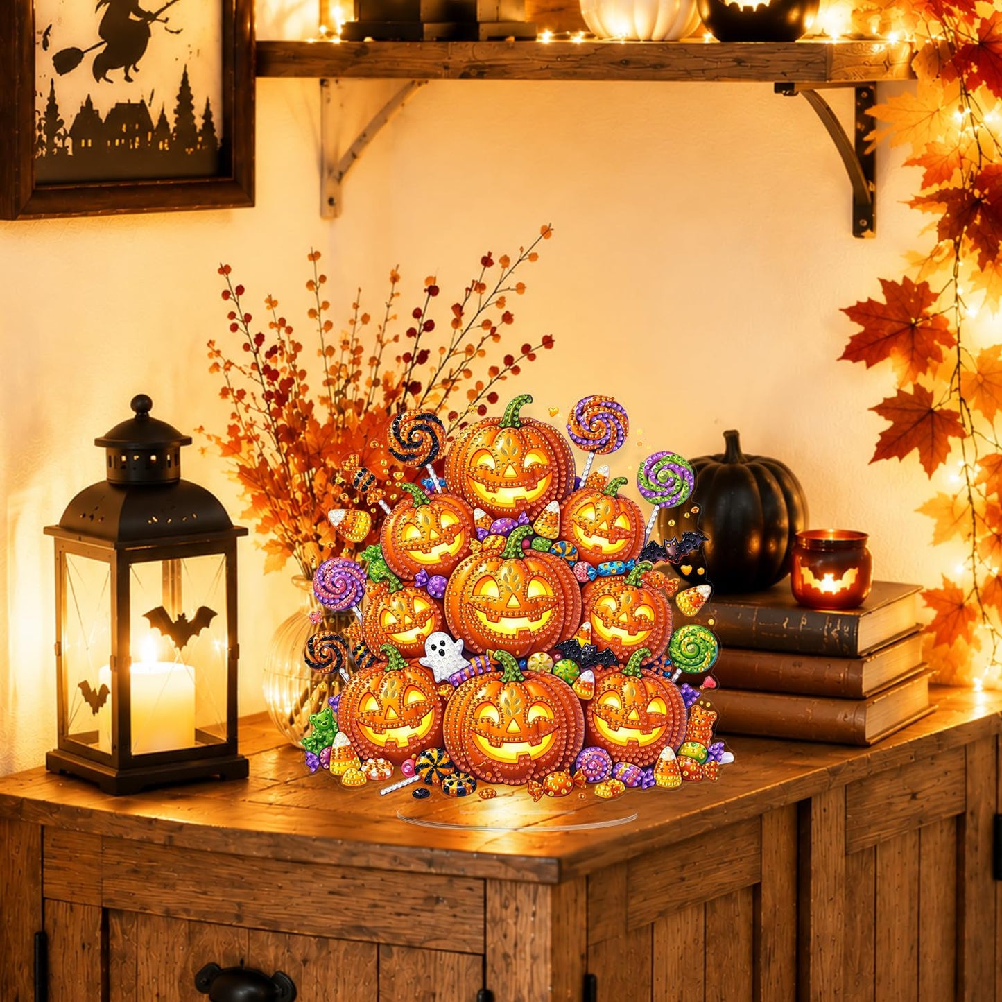 Eiflow Tabletop Diamond Art Kit for Adults Halloween, DIY Table Top Diamond Art Painting with Stand, Acrylic Stand Up Gem Painting Desktop Board Kit (Pumpkins)