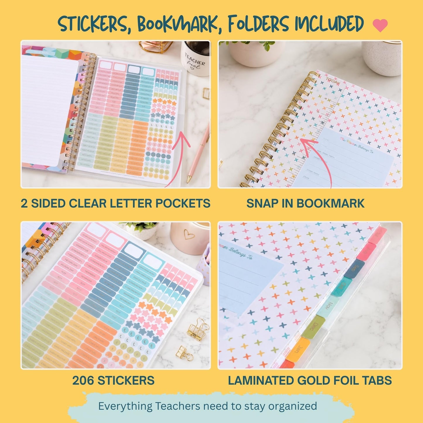 Undated Teacher Planner 8.5 x 11-12 Months & 52 Weeks | Colorful Bookshelves Cover | Monthly & Weekly Lesson Plan Book with Stickers, Storage Pocket & Snap-In Bookmark | Classroom Organizer