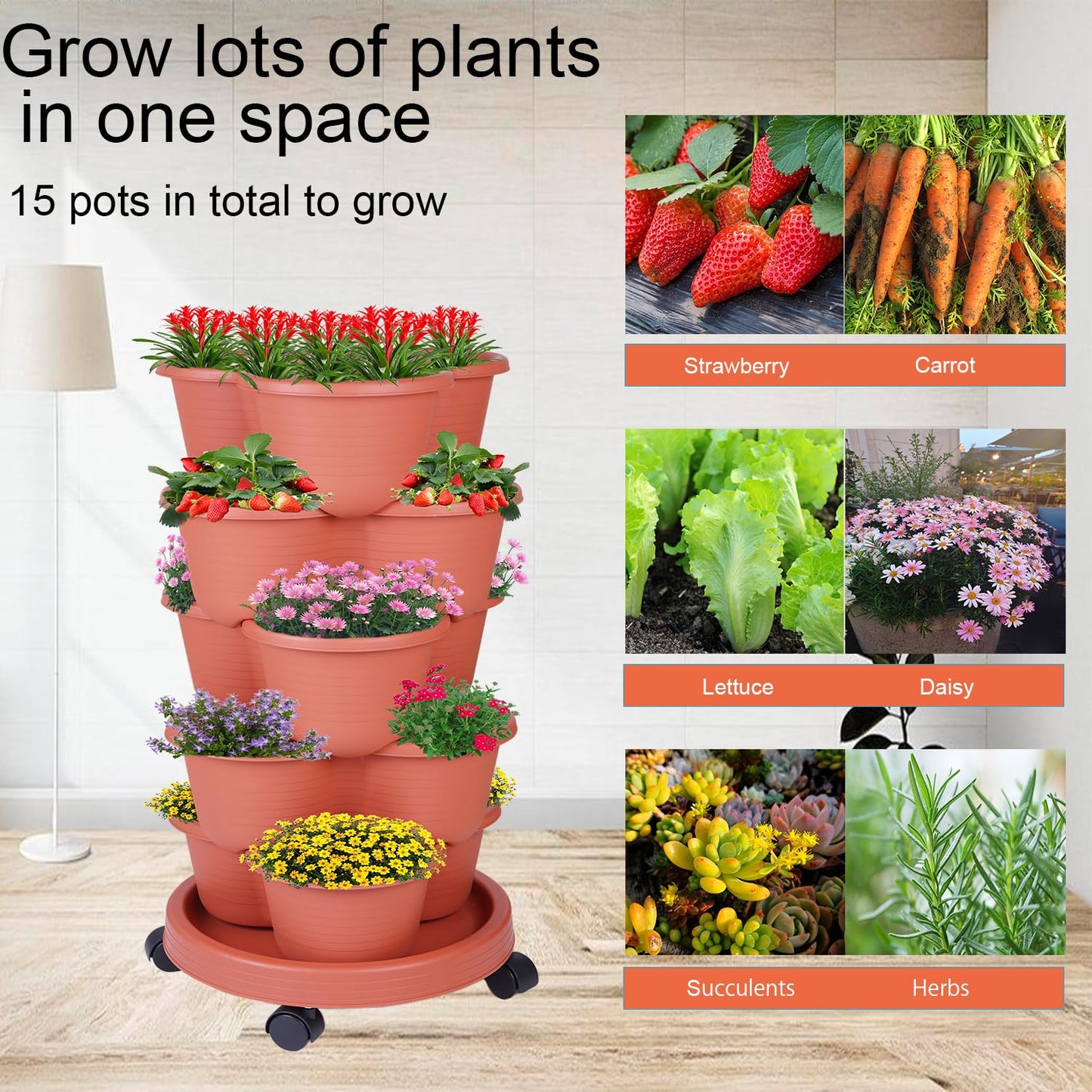 Pinky Family 5-Tier Vertical Garden Tower Stackable Planter for Strawberries, Flowers, Vegetables & Herbs(Indoor & Outdoor)