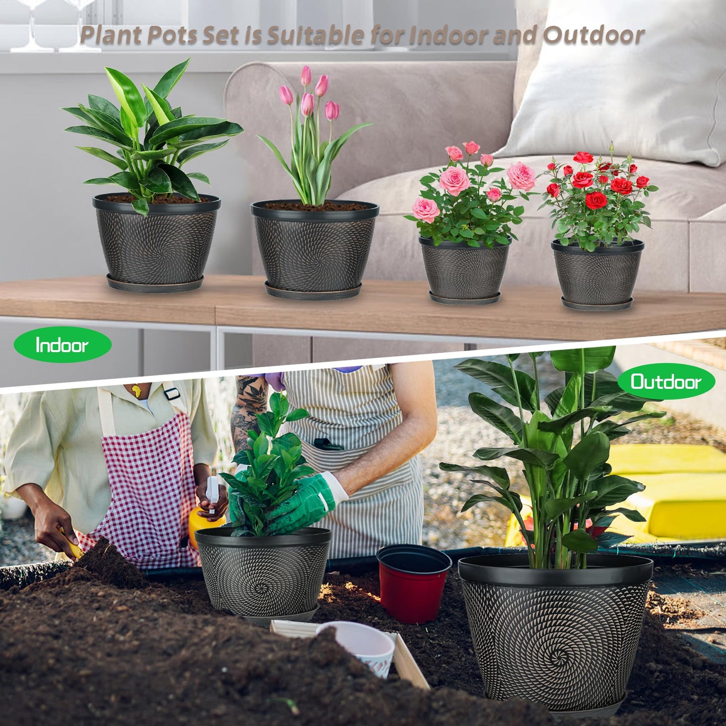Quarut 4 Pack 8 Inch Flower Pots for Outdoor Indoor, Plastic Plant Pots with Drainage Hole & Saucer, Lightweight Small Flower Pot, Circle Pattern Planters for Garden House planters(Brown)