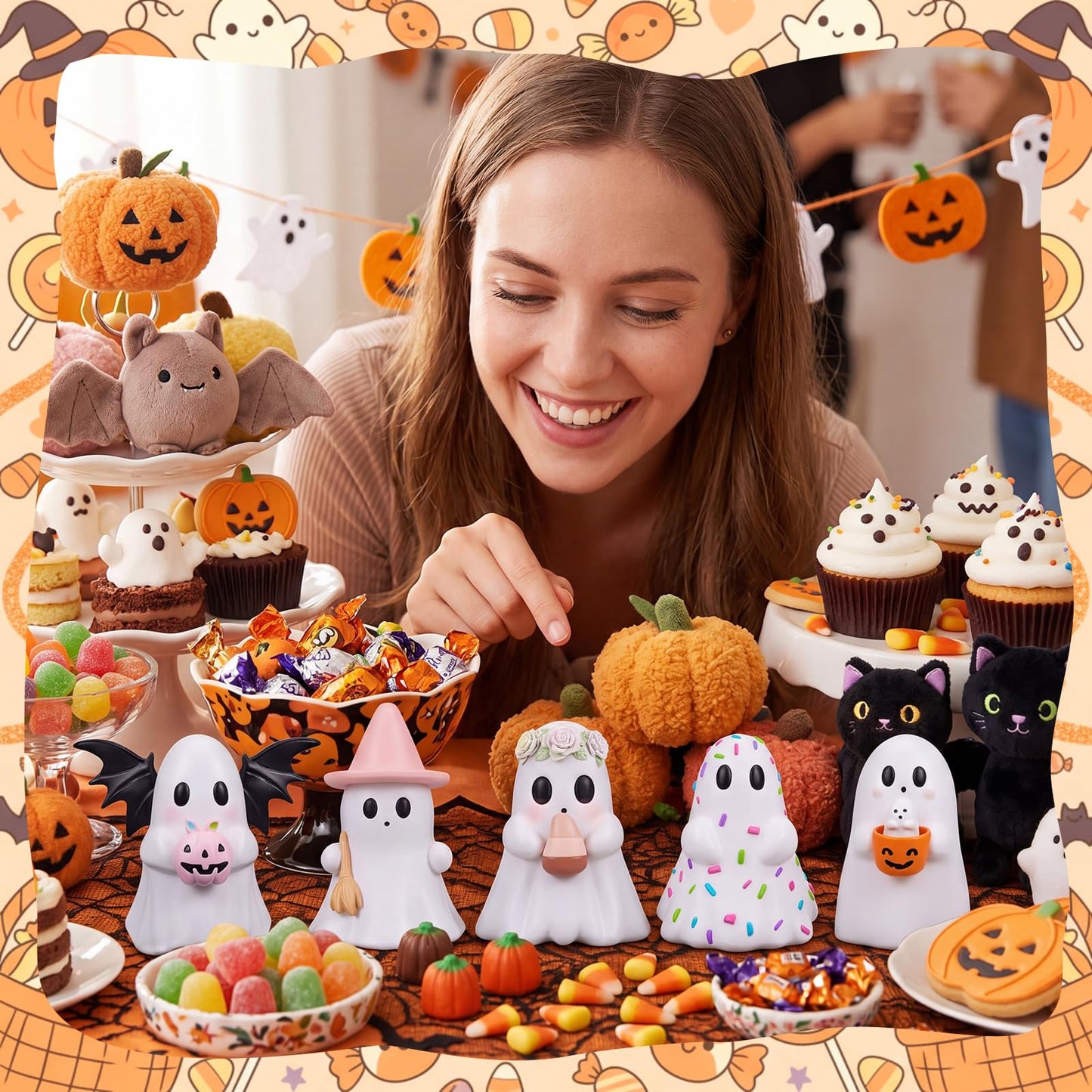 Simgoing 5 Pcs Halloween Cute Ghost Figurines Resin Pastel Halloween Decorations Ghost Figurine with Pumpkin Bucket, Witch Hat, Bat, Candy, Flower Spooky Statue Home Decor for Table Tiered Tray Mantel