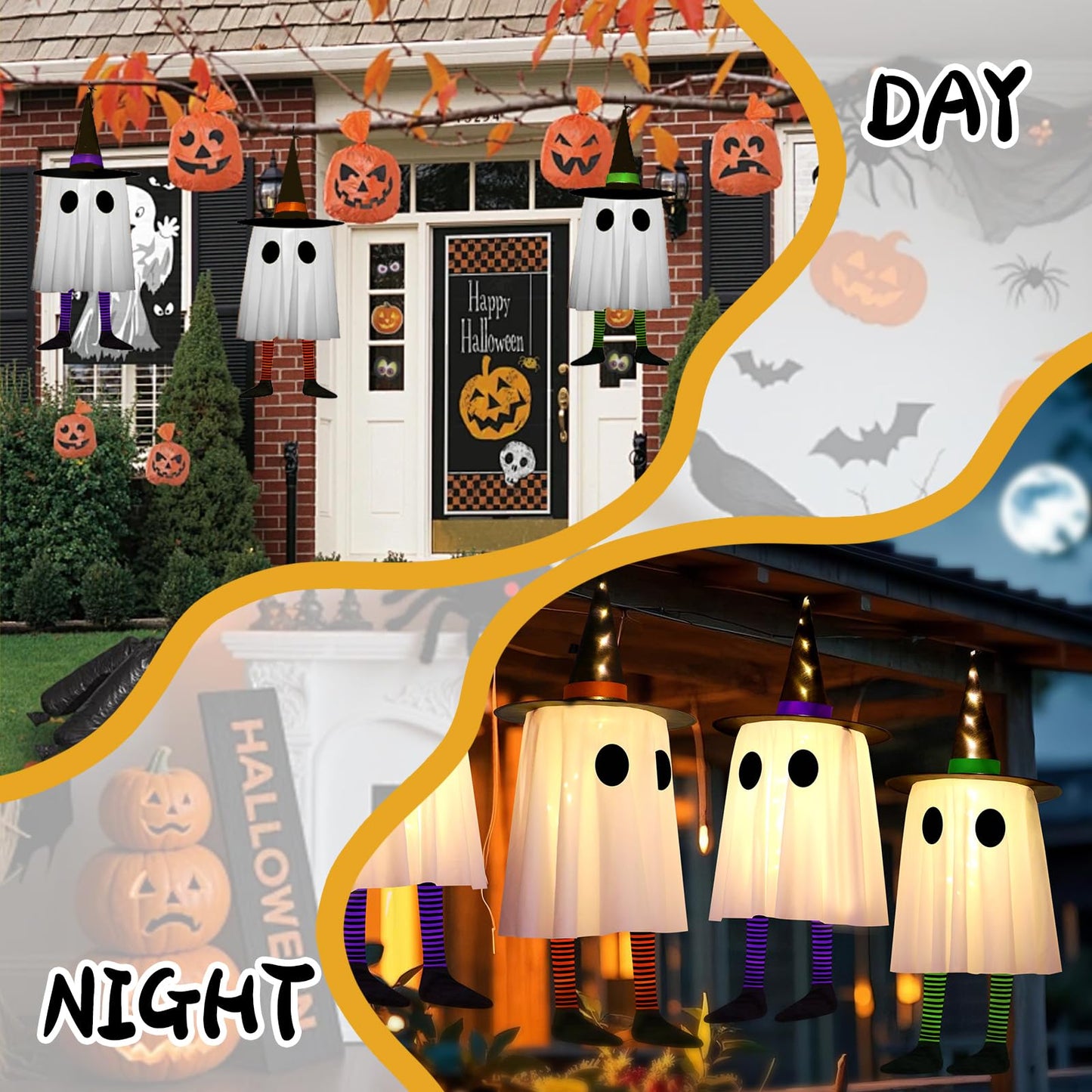 Set of 3 Halloween Hanging Ghosts, Halloween Decorations Outdoor Hanging Spooky Ghosts with Warm White LED Light, Glowing Ghost Witch Hat Lights Decor for Front Yard Lawn Garden Party Outdoor