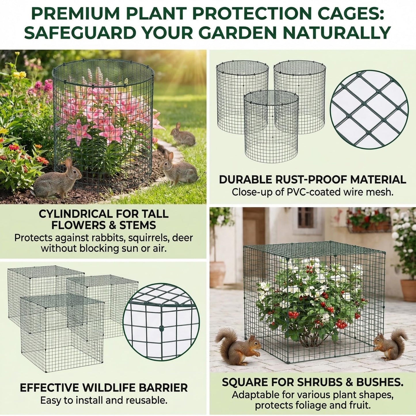 Shimeyao 6 Set Garden Plant Protectors from Animals 12'' x 12'' Metal Wire Protectors Cage with Stakes, Metal Mesh and Detachable Covers Wire Cloche for Keeping Bunny Chicken Out, Garden Protection