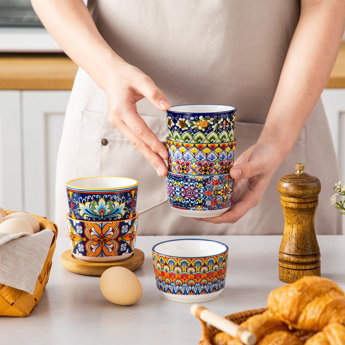 vancasso 6 Oz Ramekins Oven Safe Set of 6, Bohemian Creme Brulee Ramekins, Colorful Souffle Dishes, Pudding Custard Cups for Baking, Small Ceramic Bowls for Dipping Sauce, Ice Cream