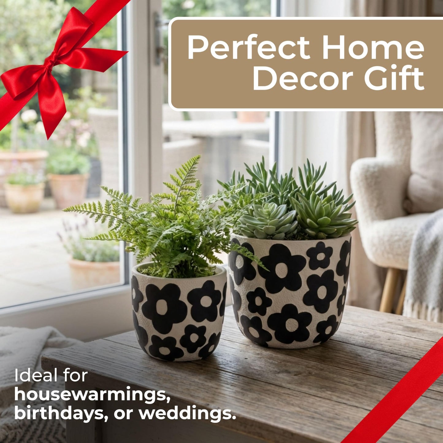 Set of 2 Pottery Cement Planters – Versatile Plant Holders for Greenery and Styling, Flower Pots for Living Room, or Patio – Bold Floral Pattern, Modern Graphic Look, Home Decor – 6" & 8", Black
