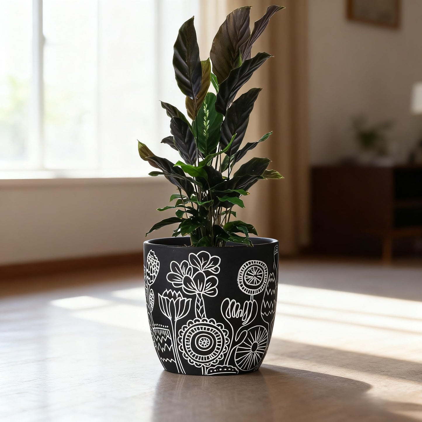 FUYHE Terracotta Pots, 6.5+5+4.4 Inch Plant Pots with Drainage Hole- Floral Pattern, Black Boho Ceramic Planters for Indoor Plants, Flower Pots Indoor Succulents, Herbs Plants,Set of 3