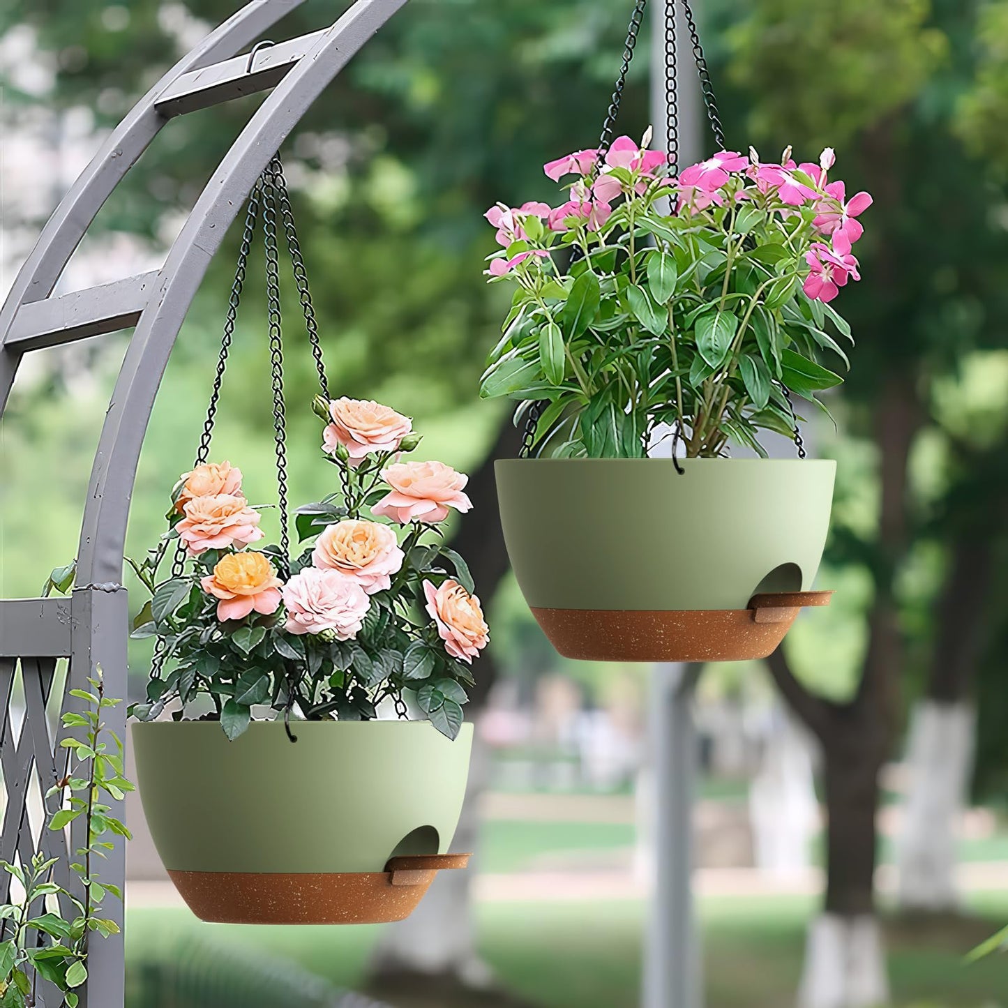 UOUZ Set of 3-10 Inch Self Watering Hanging Planters for Indoor & Outdoor,Hanging Plant Pots with Drainage & Removable Tray, Hanging Pots Holder for Ivy, Ferns, Balcony & Patio, Green and Brown