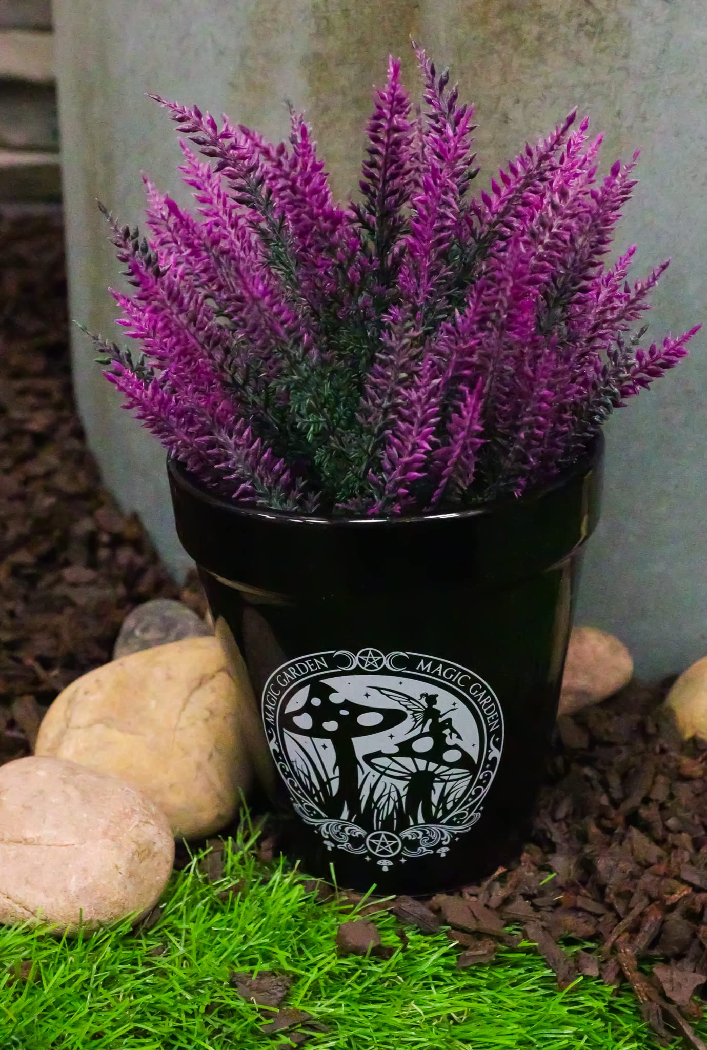 Ebros Gift Wicca Witchcraft Gothic Magic Black Ceramic Planter Pot Floral Container Alchemy Occult Potter Flowerpot Green Thumb Gardening Home Accent (Magic Garden Fairy Mushrooms Triple Moon)