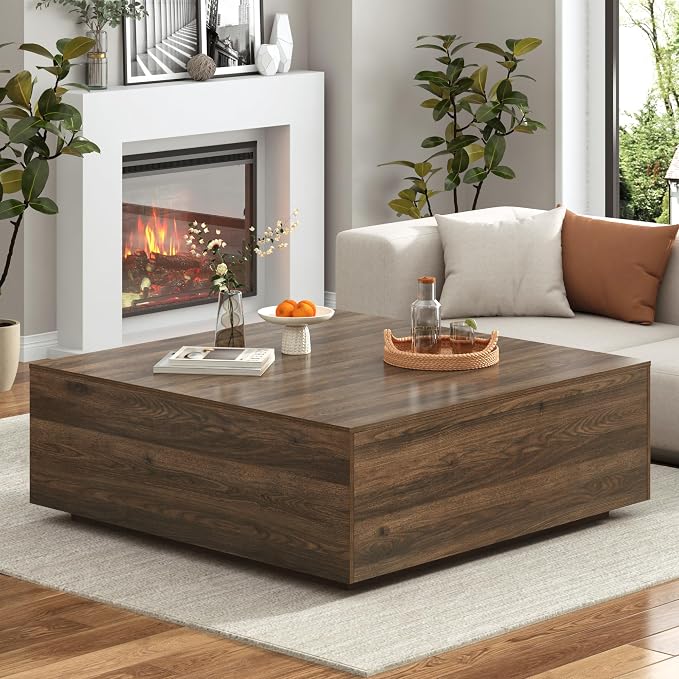 47” Square Coffee Table with Storage, 47" D x 47" W x 17" H Modern Large Square Center Table with 2 Drawers,Wood Coffee Table for Living Room,Bedroom(Walnut)