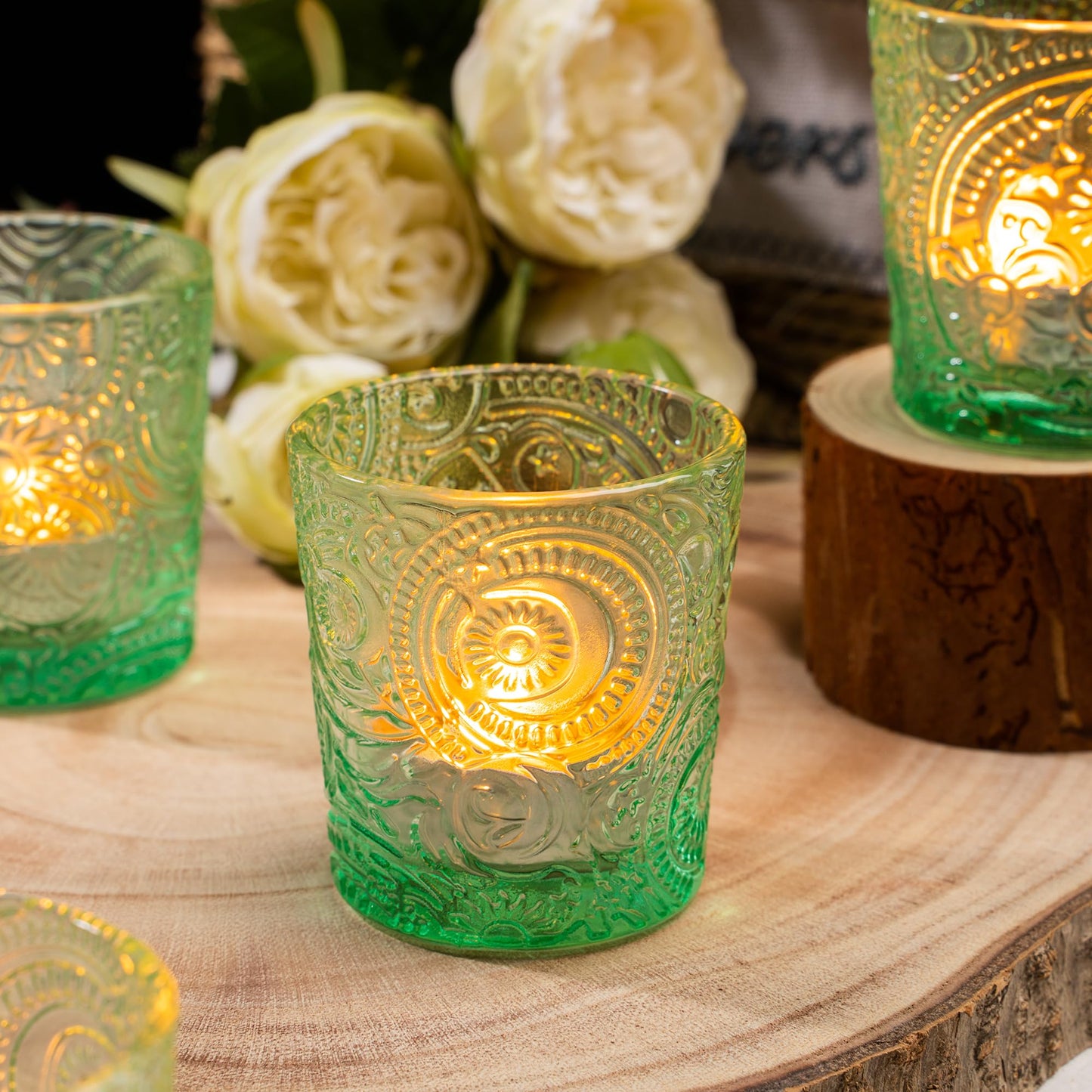 6 Pack Patented Sun Moon Star Embossed Glass Tea Light Candle Holders - Unique Votive Candle Holders for Wedding, Party, and Table Centerpieces (Multi-Color)