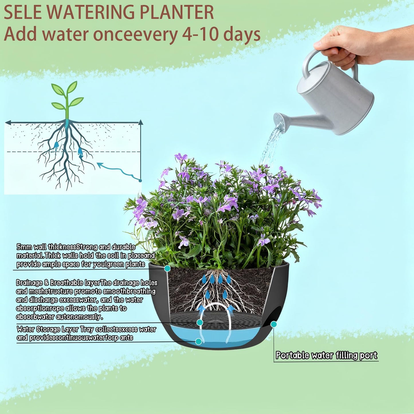 zople Set of 4-8 Inch Self Watering Hanging Planters for Indoor Outdoor,Hanging Plant Pots with Drainage & Removable Tray, Hanging Pots Holder for Ivy, Pothos, Ferns, Balcony & Patio, Black