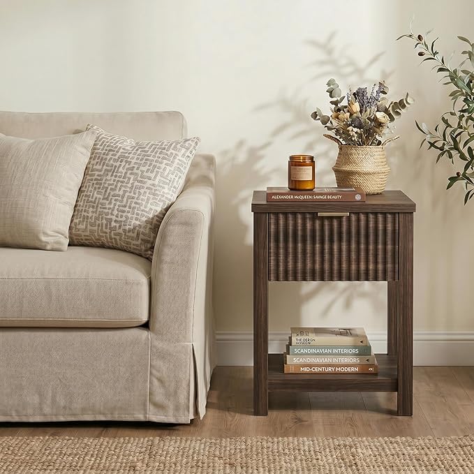Fluted Night Stand with Golden Handle, Bedside Table with Storage Shelf