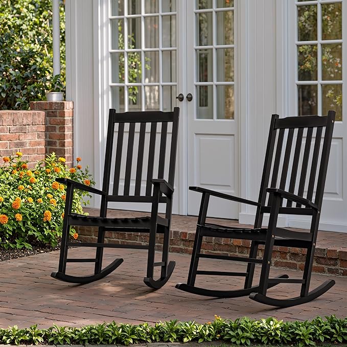 Flamaker Acacia Wood Patio Rocking Chair Set of 2, High Back and Widen Armrest
