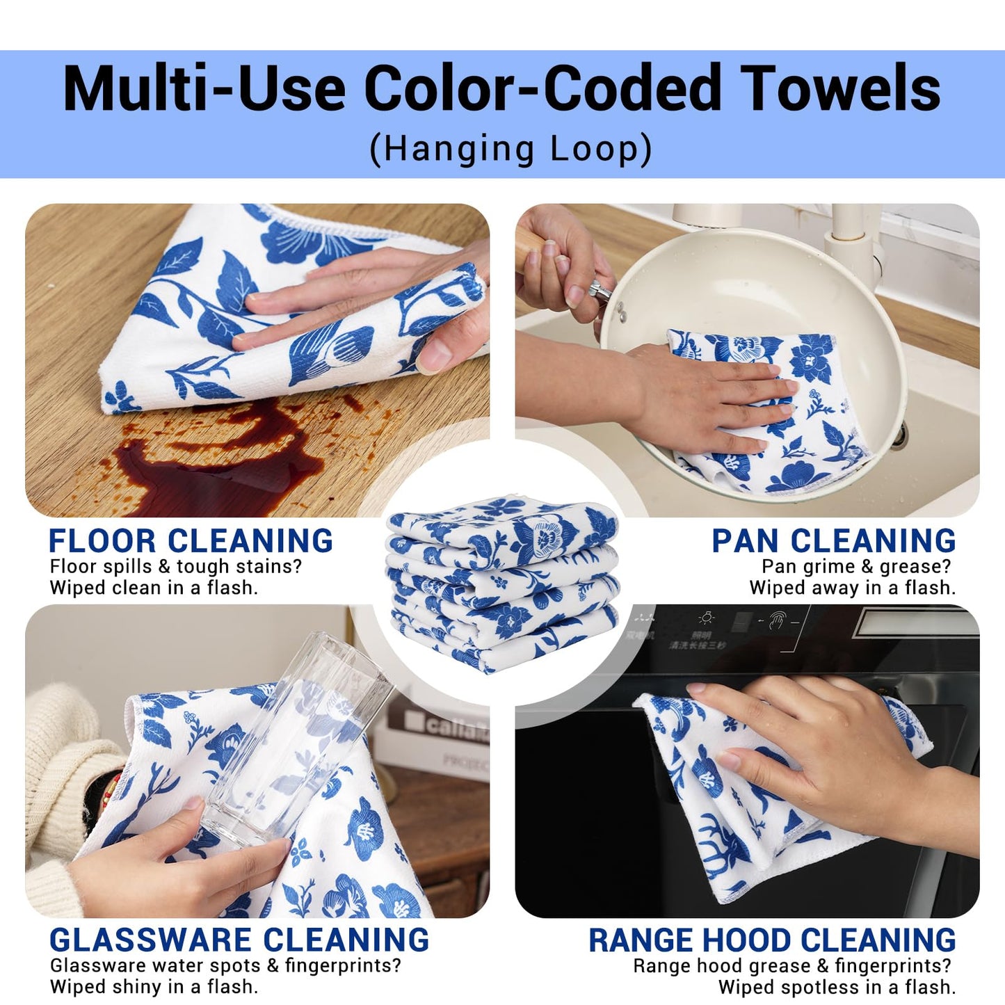 YUA Microfiber Cleaning Cloth 12 Pack,Microfiber Towels Cleaning,Microfiber Towels for Cars,Absorbent Dish Washing Cloth,Reusable Cleaning Cloths Lint Free (Blue Floral Deer)