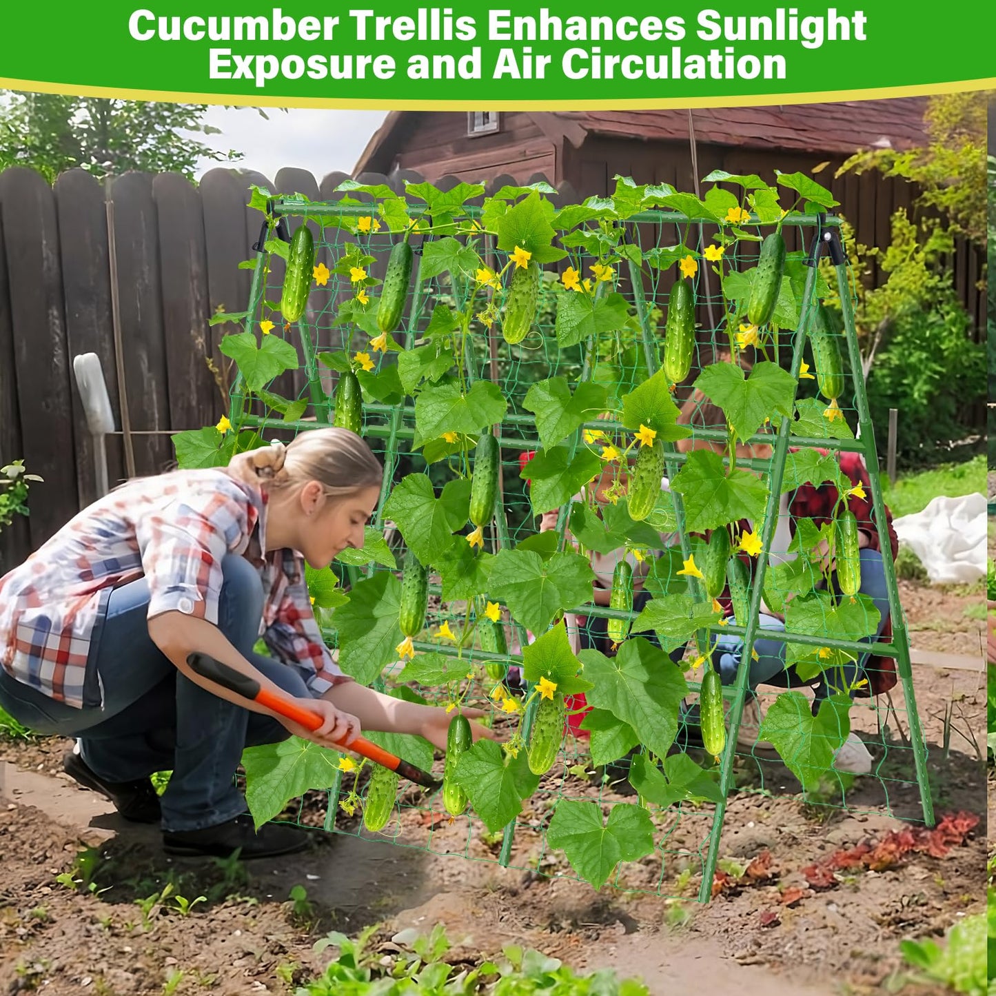 Sunwinx 53x51 Inch Cucumber Trellis for Raised Bed, Adjustable A-Frame Garden Trellis for Climbing Plants Outdoor with Climbing Net, Meal Plant Trellis for Vegetables Pea Bean Tomato Grape Squash