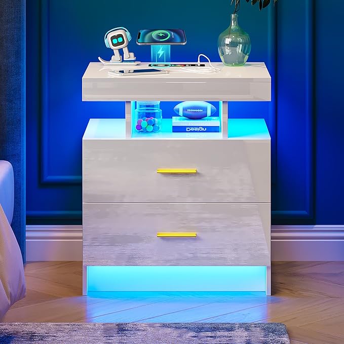 WOOVIVS Night Stand with Light, High Gloss Nightstand with USB/Wireless