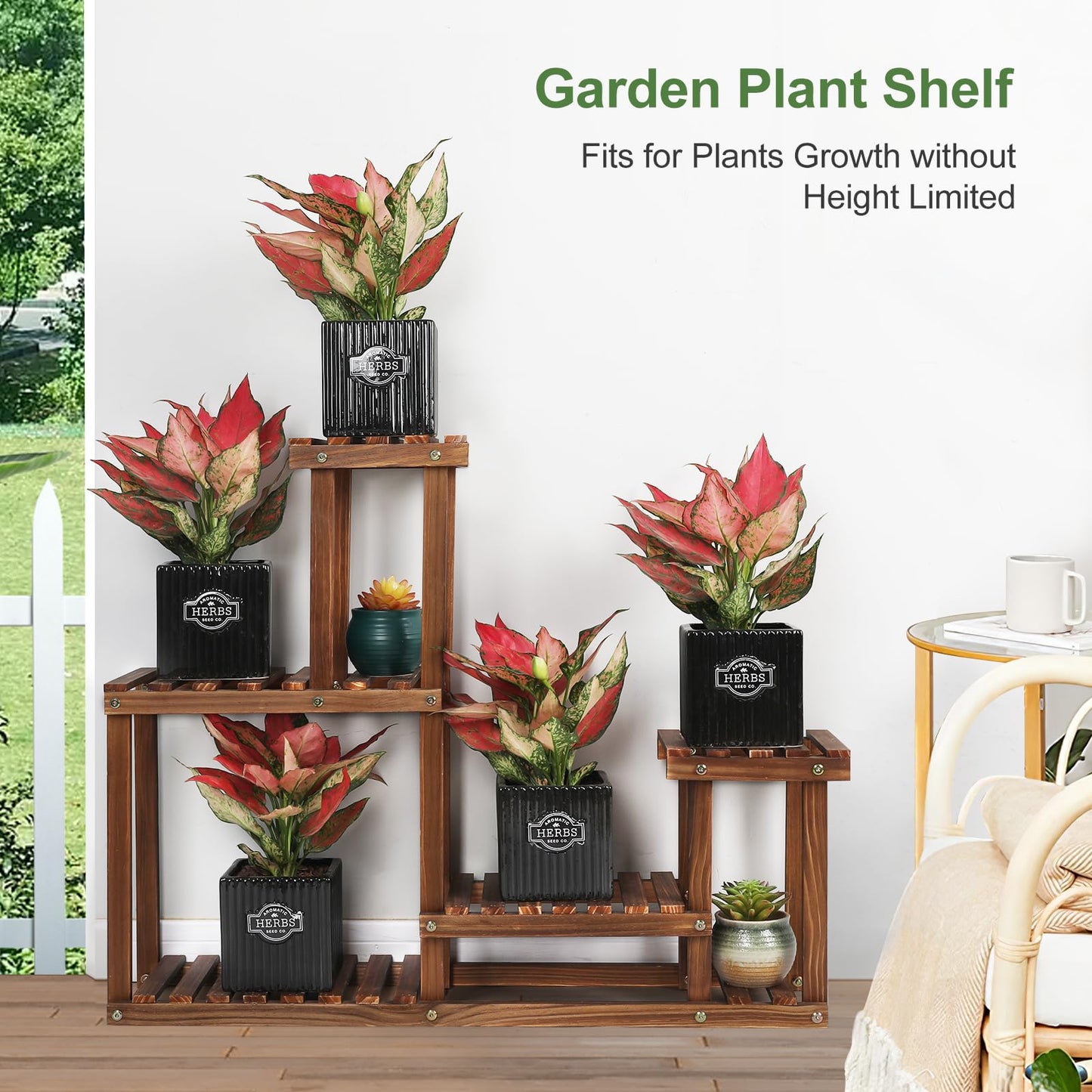 COOGOU Pine Wood Plant Stand Indoor Outdoor Multi Layer Flower Shelf Rack Higher and Lower Plant Holder in Garden Balcony Patio Living Room (4 Tiers )