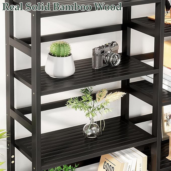 Homykic Bamboo Bookshelf, 71” Tall Triple Wide Bookcase