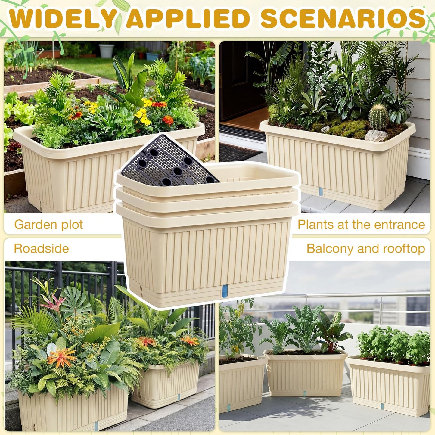 RimCereal 3 Pcs Large Planter Boxes Deep Rectangular Planter Boxes Outdoor Lightweight Plastic Planting Flower Pot with Drainage Holes Plant Pot for Patio, Courtyard, Lawn, Outdoor(Beige,20 Inches)