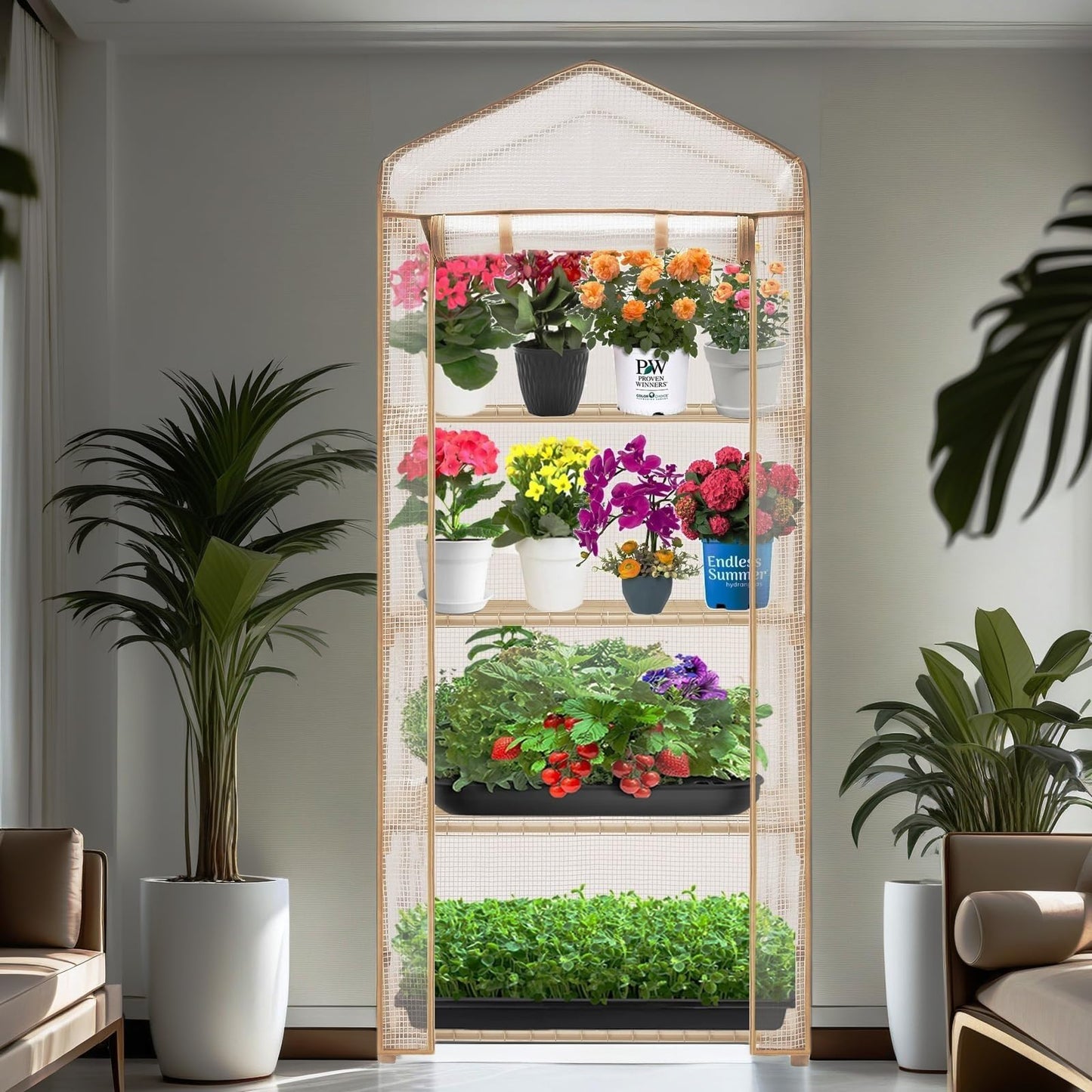 Purlyu 4-Tier Mini Greenhouse – Indoor or Outdoor Gardening Hot House with PE Zippered Cover and Metal Shelves for Growing Vegetables, Flowers and Seedlings 63'' H x 27'' L x 19'' W (PLGH704OWW)