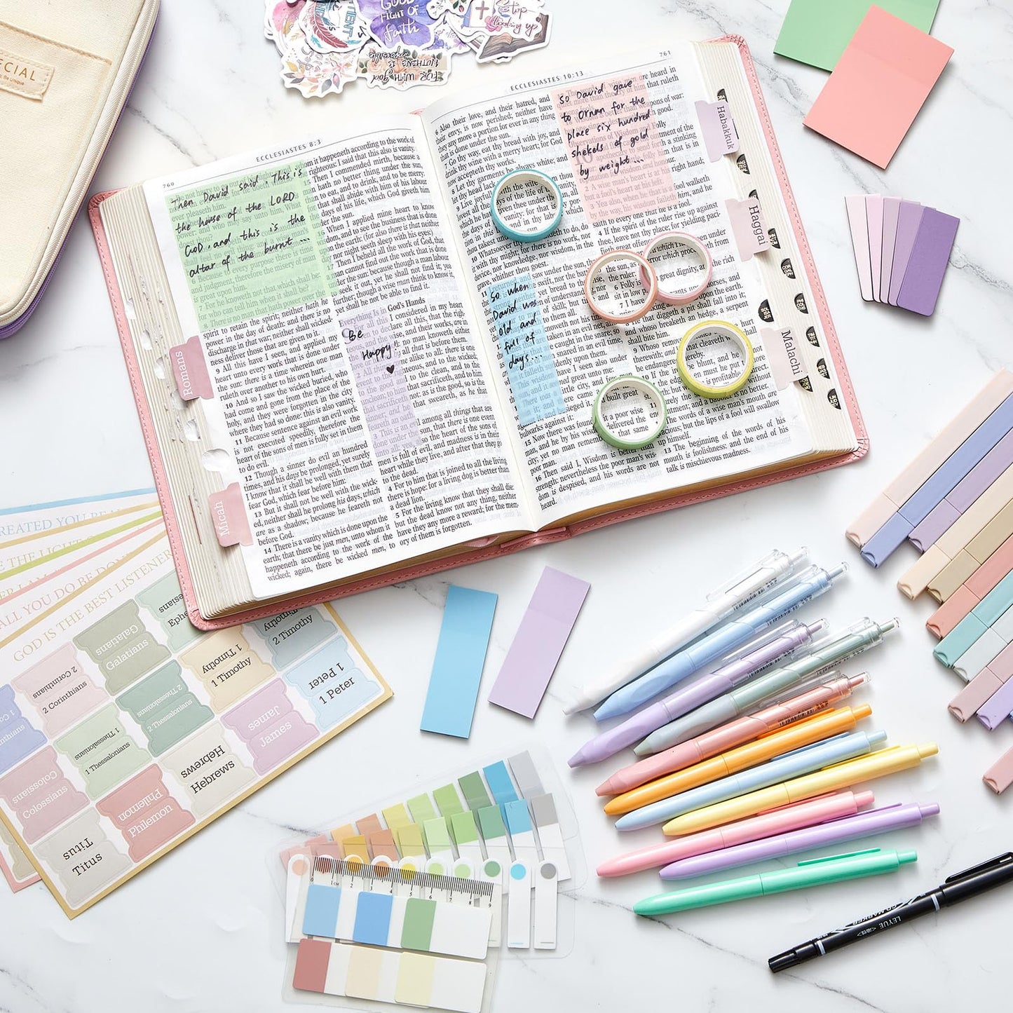 98 Pcs Bible Study Supplies, Bible Journaling Kit for Women, Aesthetic Study Kit with Pencil Case Book Annotation Aesthetic Highlighters Notes Gel Pens for Office Christian Gifts Christmas(Purple)