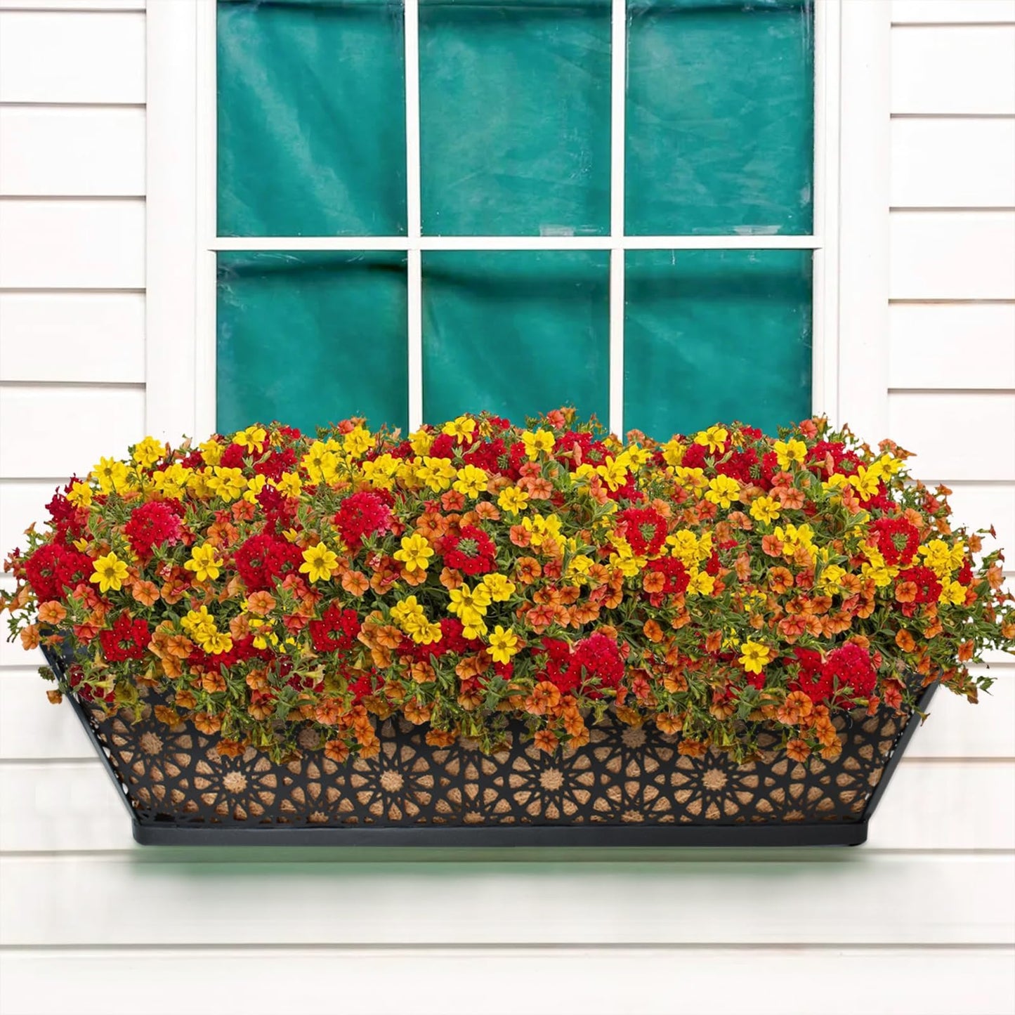 Halatool Railing Window Balcony Deck Planter Boxes Outdoor, 2 Pack 24 Inch Metal Heavy Duty Planter Boxes with Coco Liner for Windowsill Fence Porch Patio Lawn