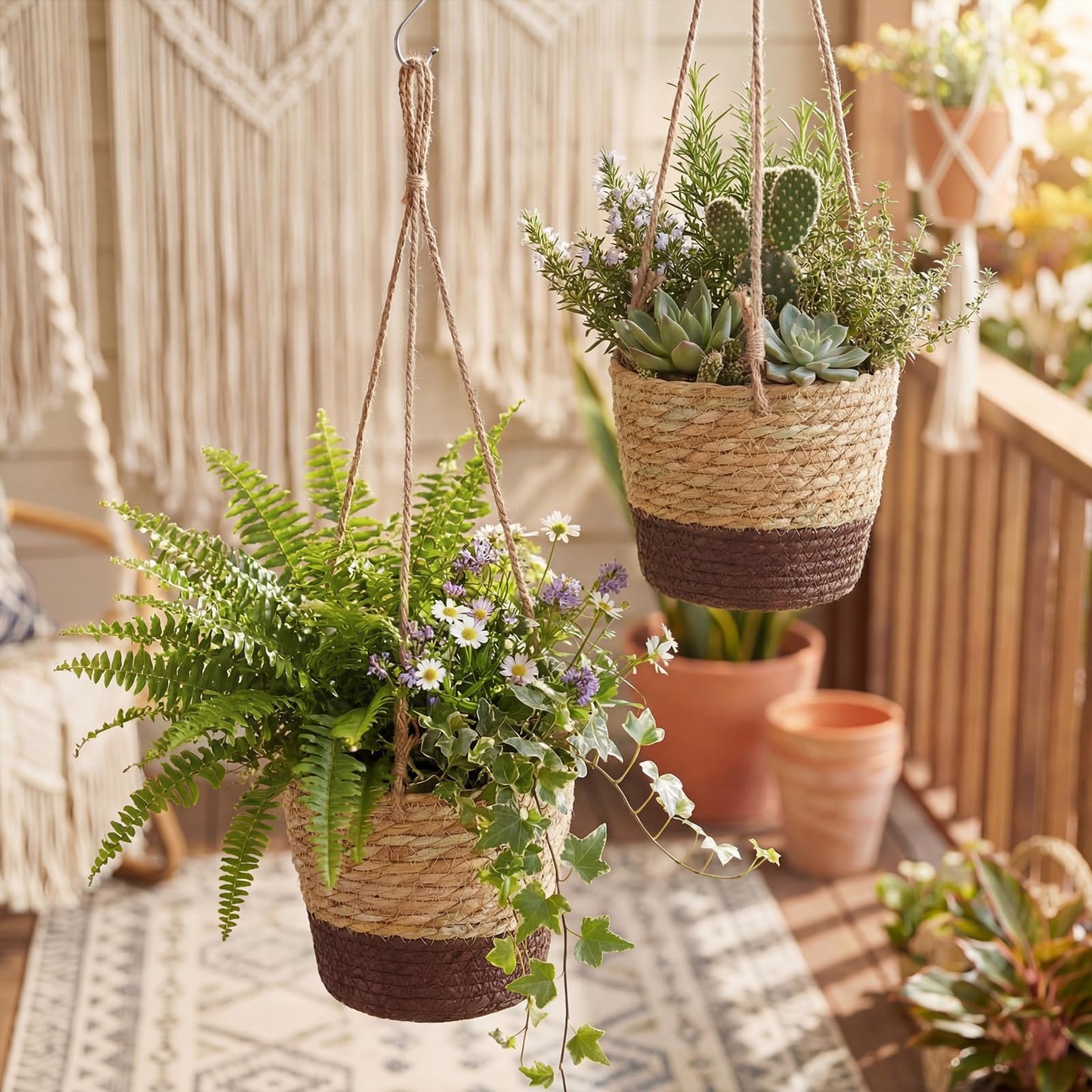 Ferrochef 6 Pcs Seagrass Hanging Planter Basket Hand Woven Plant Basket with Plastic Liners Hanging Plant Holder Storage Containers with Cotton Rope for Indoor Garden Decor (Small,Brown,Coffee Brown)