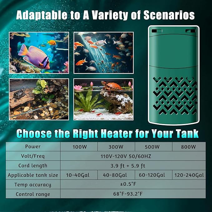500W Smart Aquarium Heater Submersible with Variable-Frequency Energy Savings, Dual Probes for Leaving Water Automatically Stop, PTC Tech for Overheat Protection, Adjustable for Freshwater, Saltwater