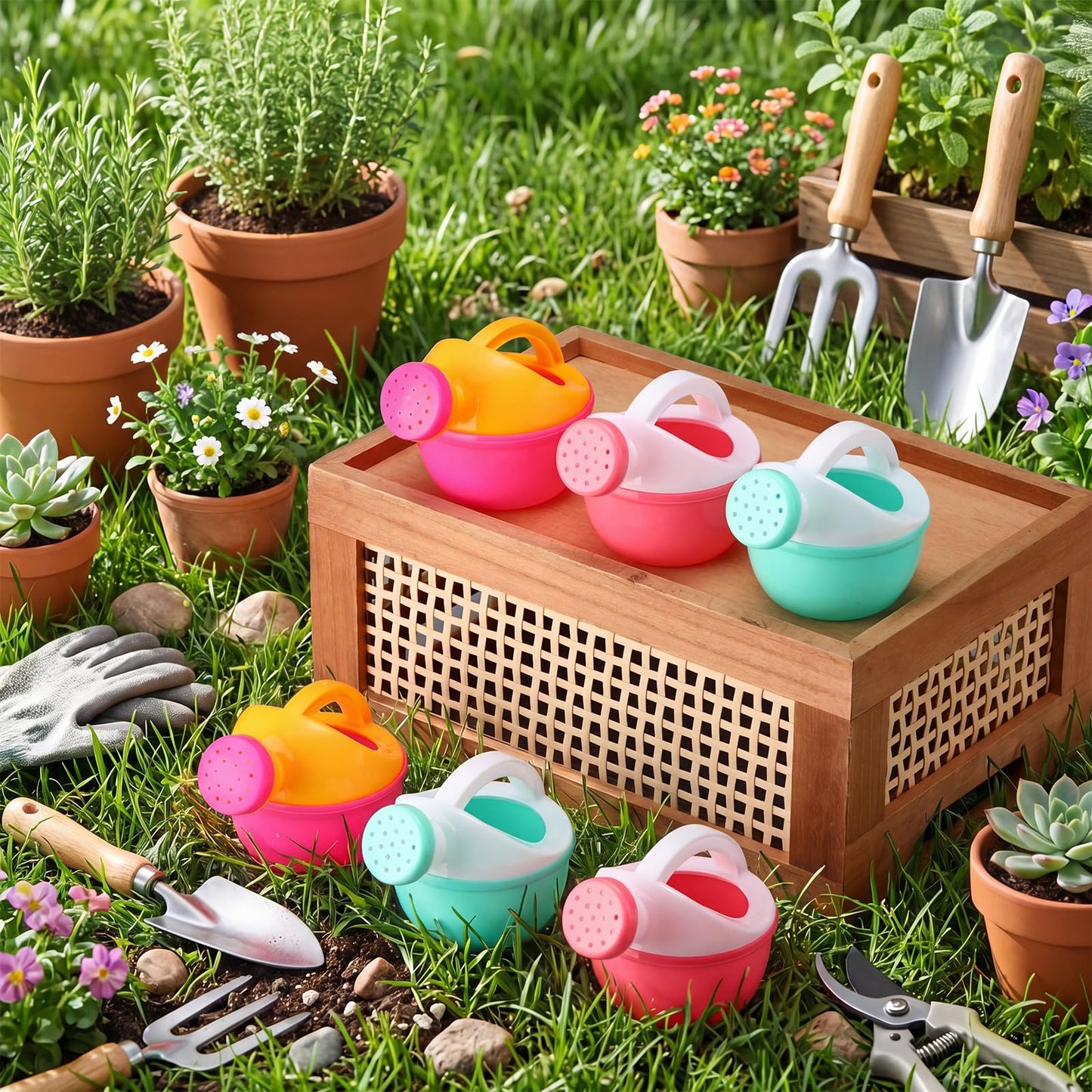 Sieral 20 Pcs Mini Plastic Watering Cans Bulk 3.5 Inch Small Portable Watering Pot Can for Garden, Indoor Outdoor Plants, Flower, Succulents, House Plants, Beach Sand and Water Play Yellow, Pink, Blue