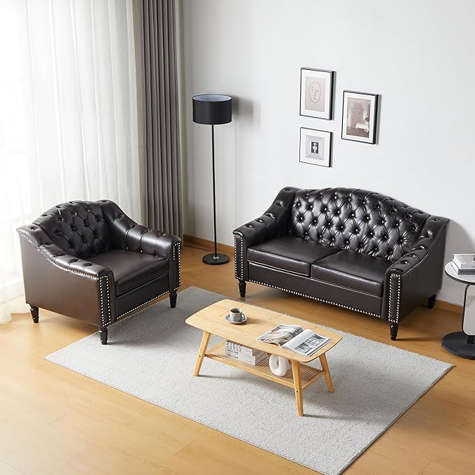 LEVNARY Chesterfield Loveseat Leather, Upholstered Sofa