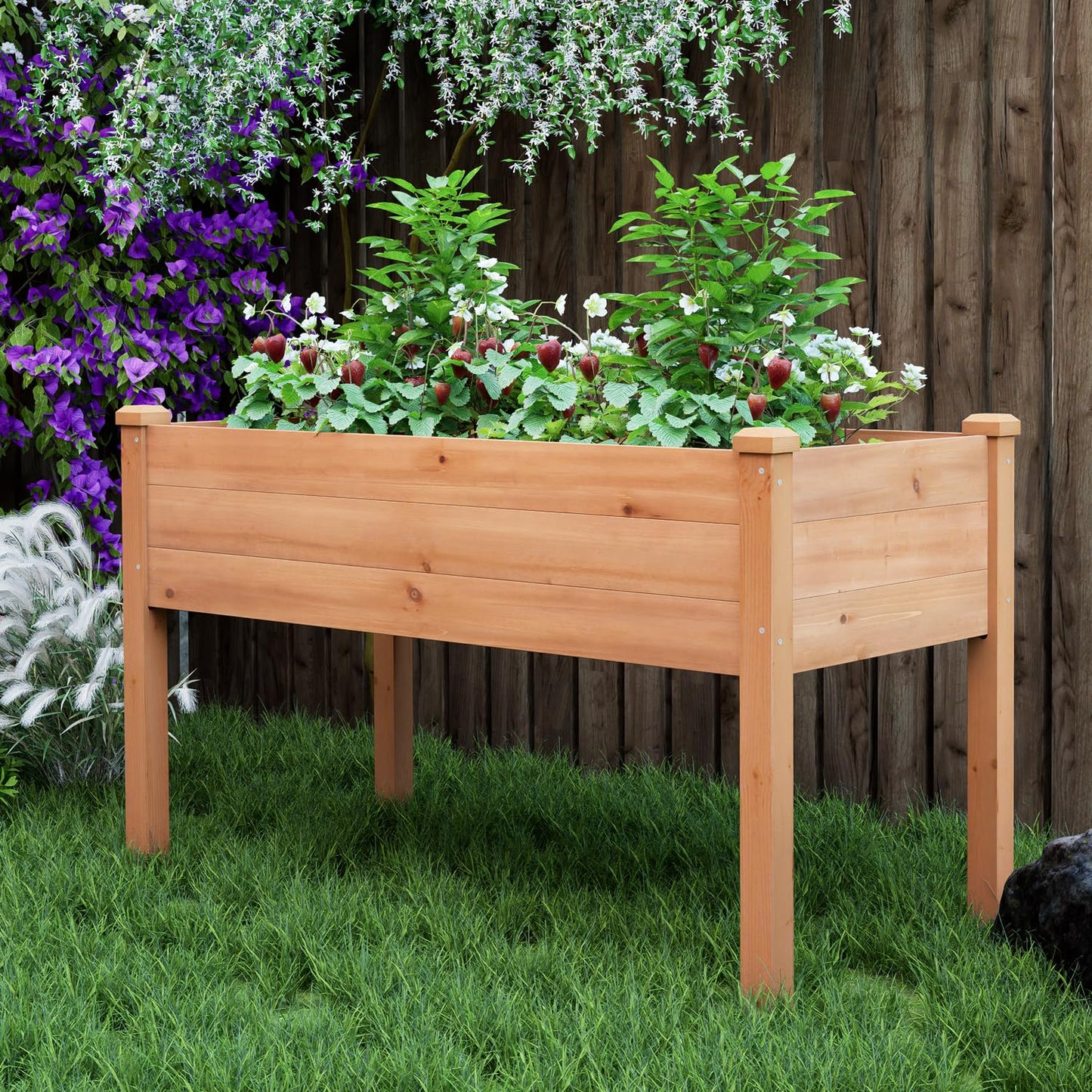 BIRASIL Outdoor Raised Garden Bed, Wood Planter Box for Vegetable Flower, Elevated Reinforced Large Garden Planters Boxes for Backyard Patio Gardening Balcony (48”L, Brown)