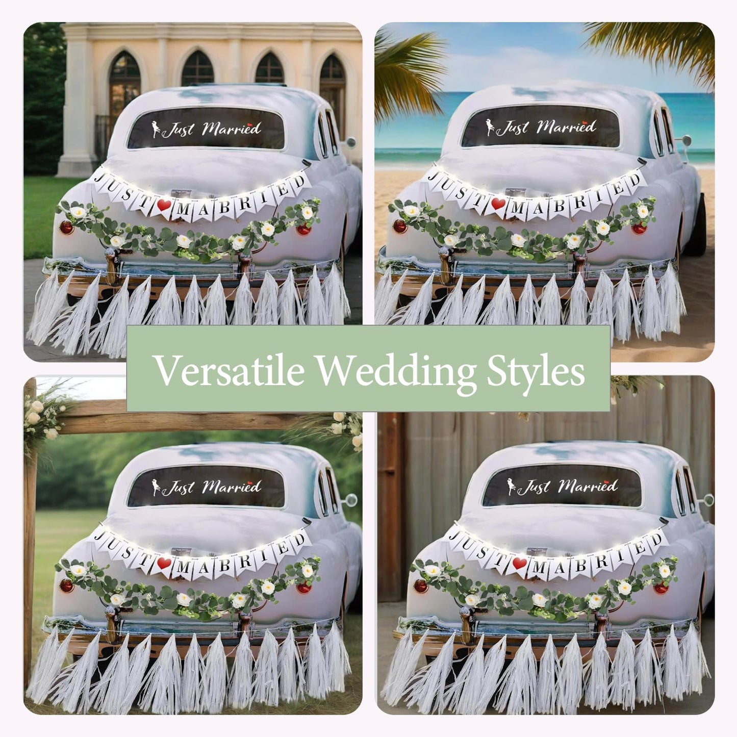 4PCS Just Married Wedding Car Decorations Kit with Greenery Vine Removable Banner Paper Tassel Static Cling Window Sticker for Bride and Groom Honeymoon Getaway Send Off Vehicle Decor