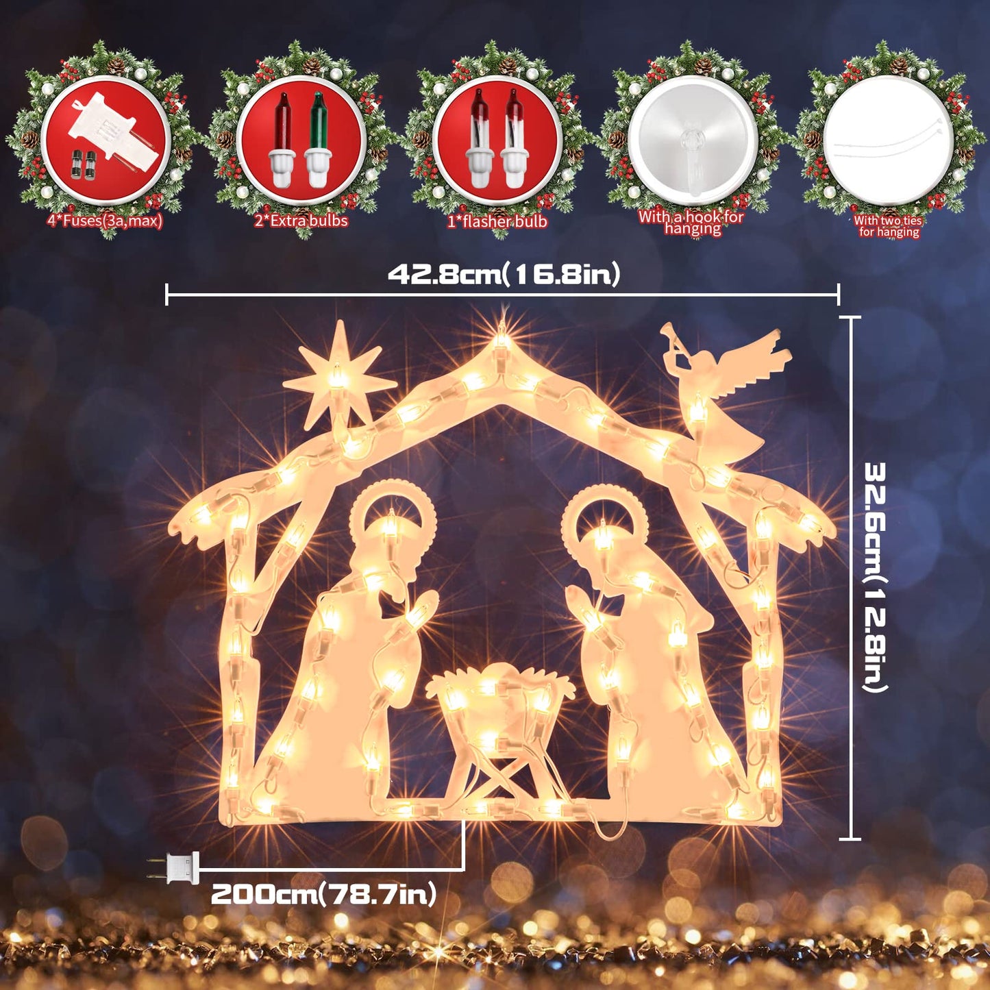 XMASLAND 17 Inch Christmas Window Silhouette Lights Decorations, 50L Christmas Sculpture,Including: Nativity x1