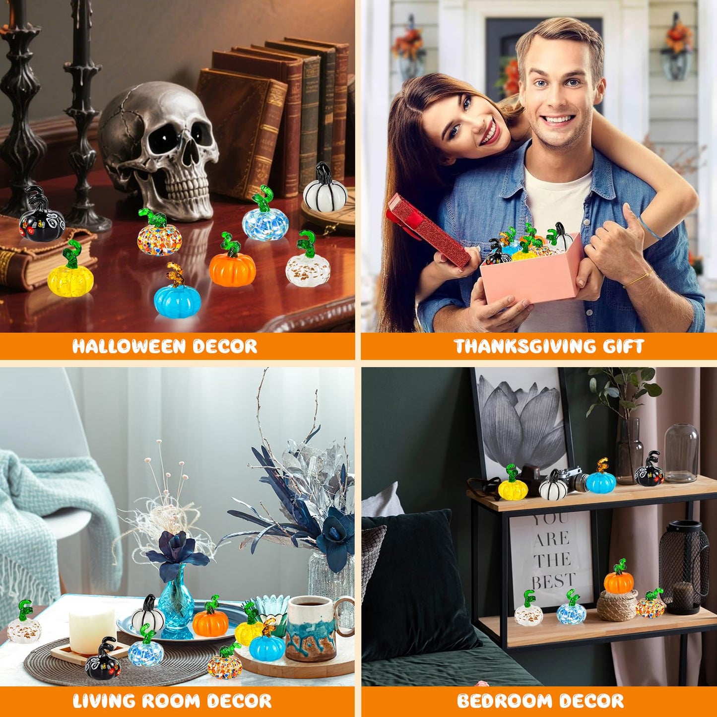 ALDMIO 8 Pcs Blown Glass Mini Pumpkin Decor, Mini Halloween & Thanksgiving Figurines, Glass Pumpkin Decorations for Fall & Harvest