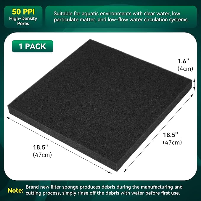 Borlech Aquarium Bio Filter Sponge Pad - Cut-to-Size Aquarium Filter Media for Fish Tank, Pond, Sump - Mechanical & Biological Filtration (18.5"x18.5"x1.6", 50PPI, 1 Pack)