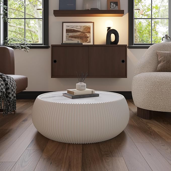 27.55" Round Marble Coffee Table, Modern Drum Coffee Cocktail Center Tables