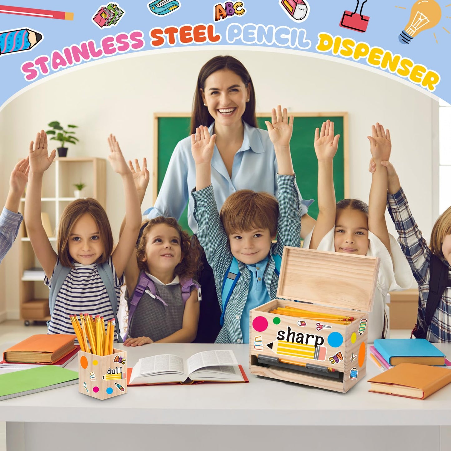 Watersay 108 Pcs Pencil Dispenser Kit for Classroom Wooden Sharp and Dull Pencil Holder 50 Pencils 50 Sharpener 6 Sticker Classroom Teacher Must Have Straw Dispenser for Back to School(Wood Color)