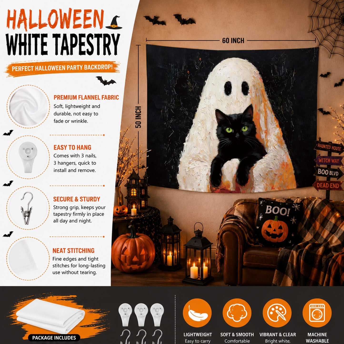 YTRG Spook Ghost Black Cat Tapestry, Halloween Tapestries Wall Hanging for Bedroom, Cat Ghost Tapestry Wall Decor Backdrop for Living Room Home, Black Cats Gifts for Women Girls Men, 50x60 Inch