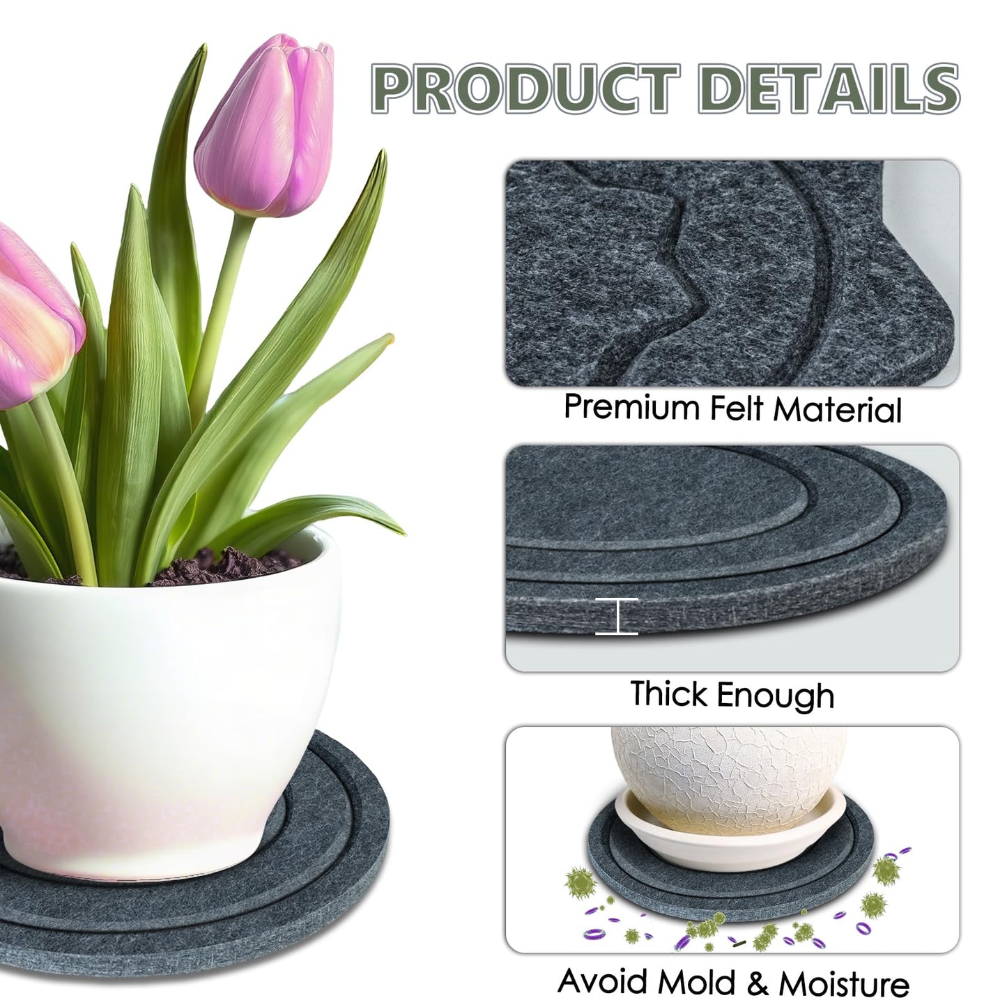 BXI Felt Plant Saucer Mat - 3 Pcs 8 Inch Water Absorbent Planter Coaster, Thick Flower Pot Saucer Pad, Planting Drip Tray for Indoors, Fabric Protective Plate for Tabletop and Floor Surface
