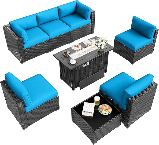 Aoxun Patio Furniture Set with Fire Pit Table, 8 Piece Outdoor Sectional Sofas