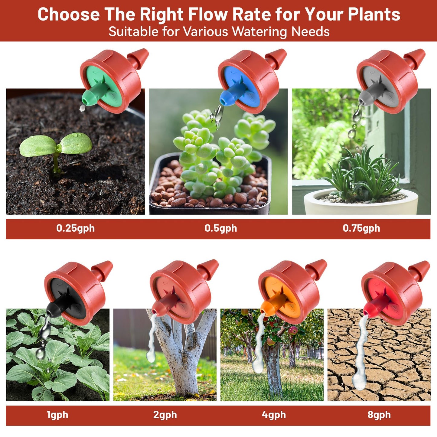 50 PCS 1 GPH Pressure Compensating Drip Irrigation Spot Watering Dripper, Standard Flow Drip Irrigation Emitters Heads for Vegetables Flowers Irrigation Drippers Parts for Outdoor Garden Beds Balcony