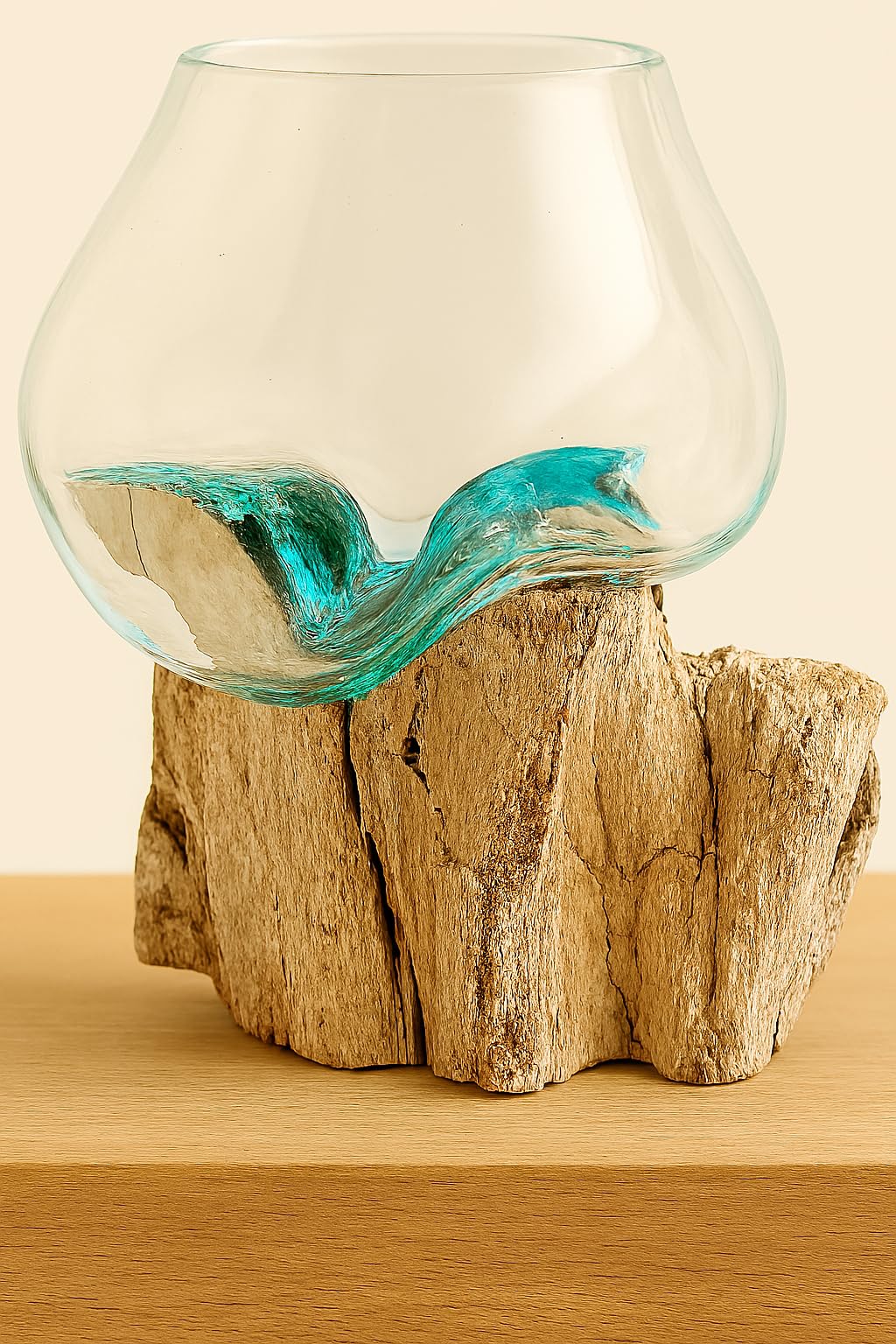 OMA Molten Glass on Driftwood – Hand-Blown Melted Glass Vase, Terrarium, or Planter for Coastal & Boho Home Décor (6"–7" High)