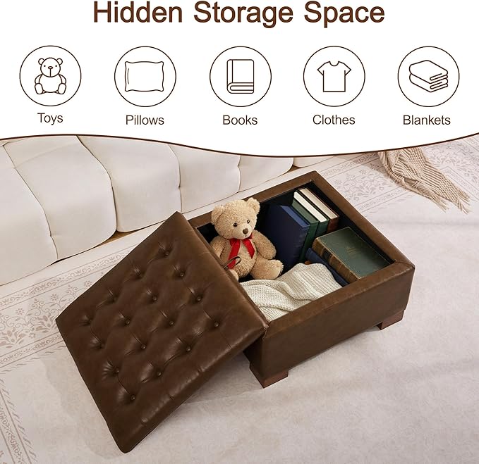 WUTUTUEE 30" Faux Leather Square Storage Ottoman