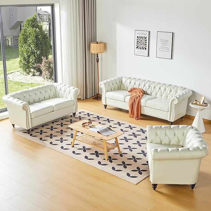 ORRD 2 Piece Living Room Set, Chesterfield Faux Leather Sofa Couch Chair