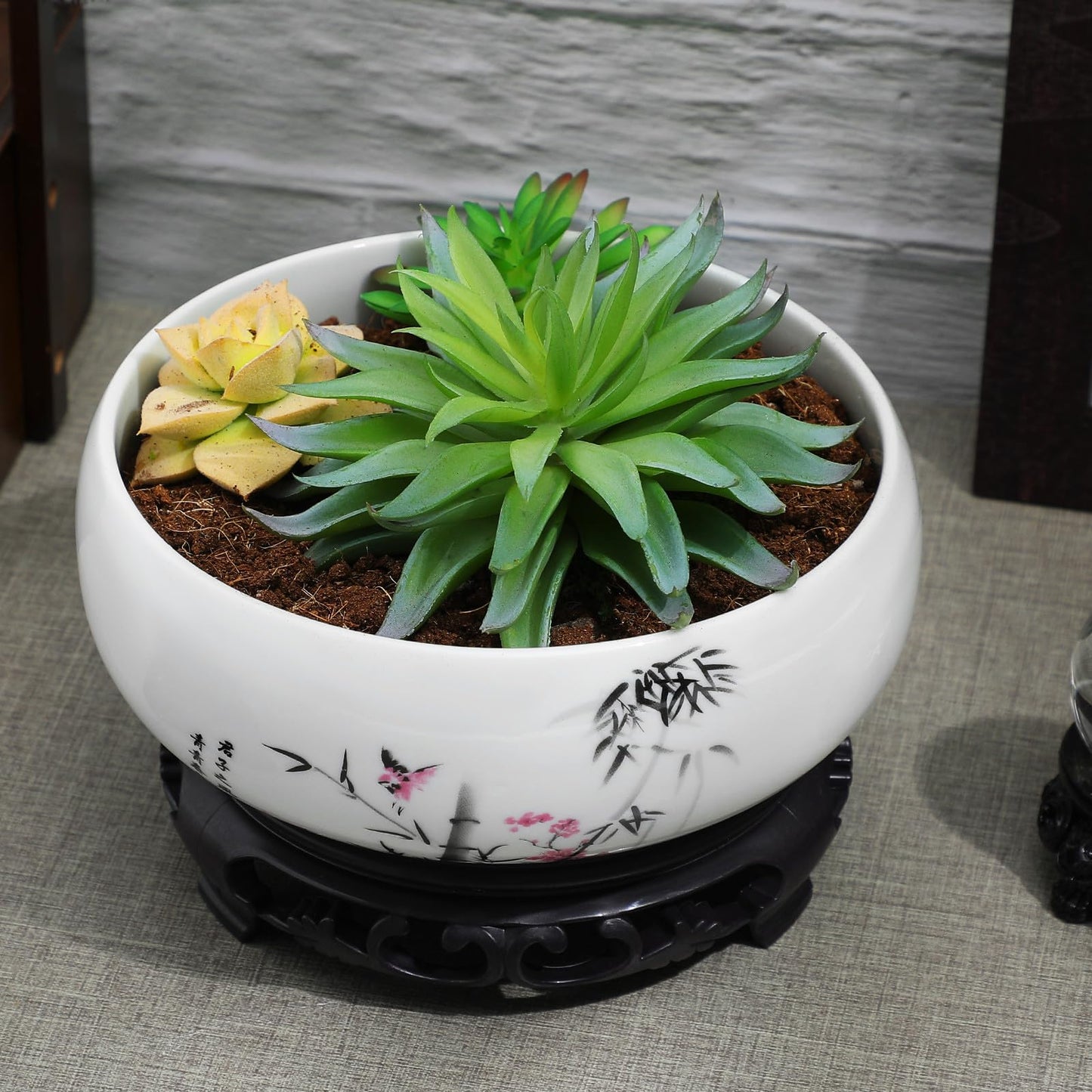 HEMOTON Lotus Bowl Planter, Chinese Style Ceramic Water Lily Pot with Ink Bamboo Pattern, No Drainage Hydroponic Vase for Indoor Plants, Decorative Fish Bowl with Plastic Base