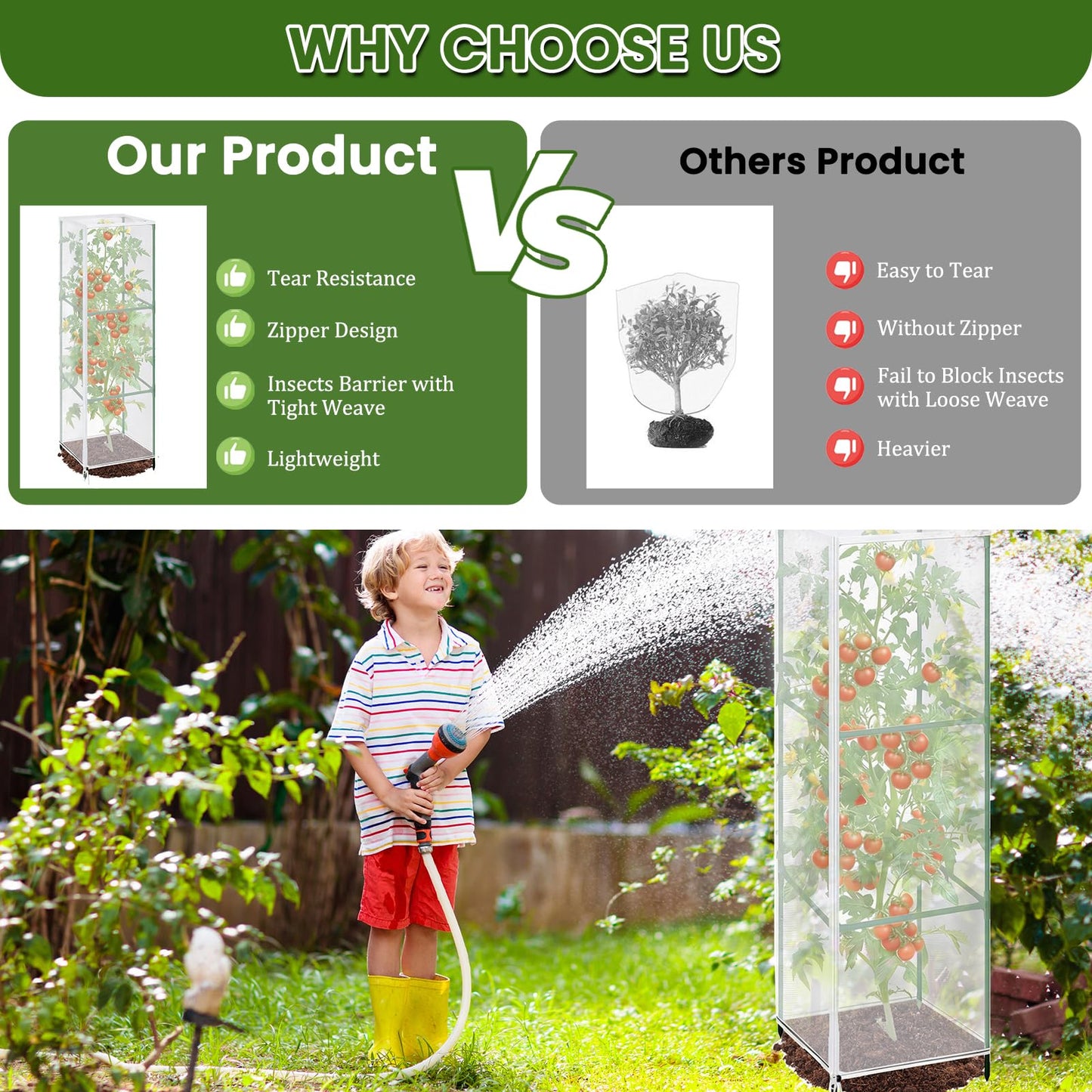 3 Pcs Garden Bird Net Cover for Square Tomato Cage, 59"x17.7" Insect Bird Barrier Tomato Cage Net with Zipper & Drawstring, Tomato Netting Protection Cover for Protecting,Cucumber from Birds, Insects