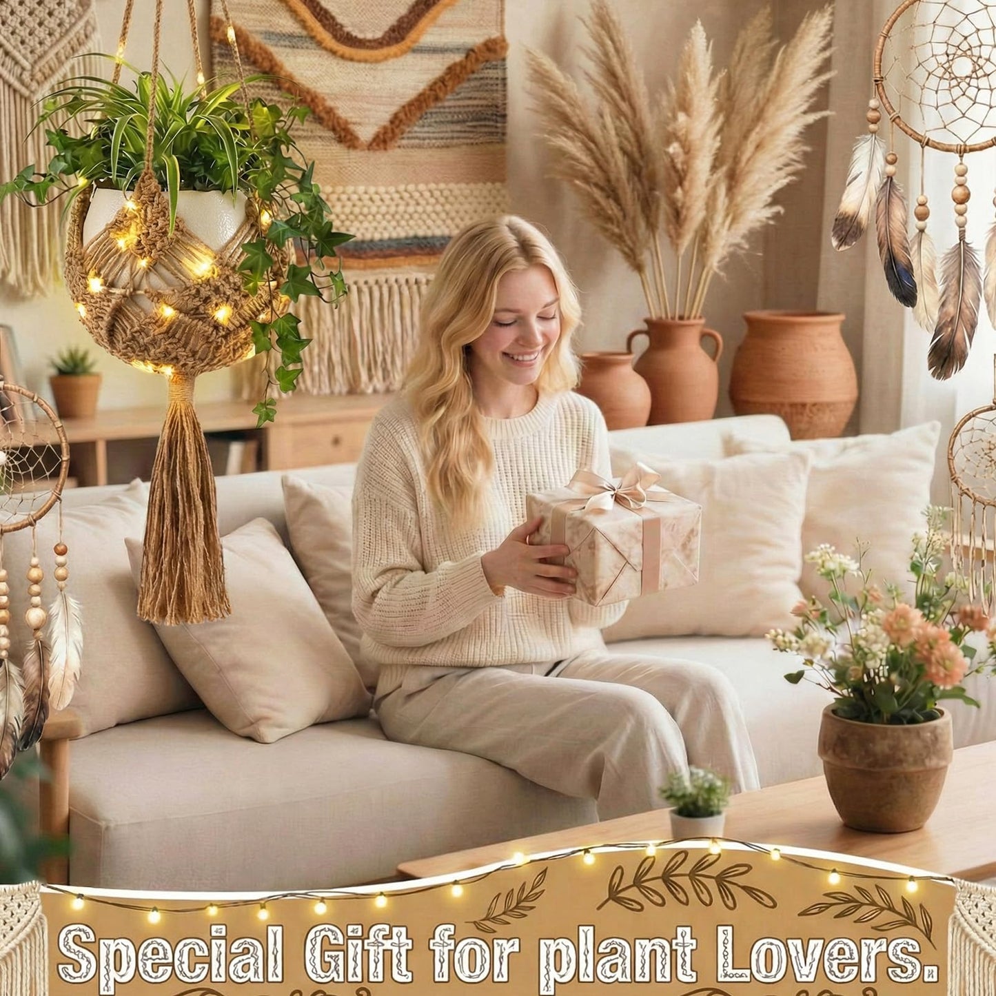 Sliner 3 Pack Jute Crochet Plant Hanging Baskets with Lights and Hooks Macrame Plant Hangers Boho Hanging Baskets for Indoor and Outdoor Home Decor, 3 Different Size