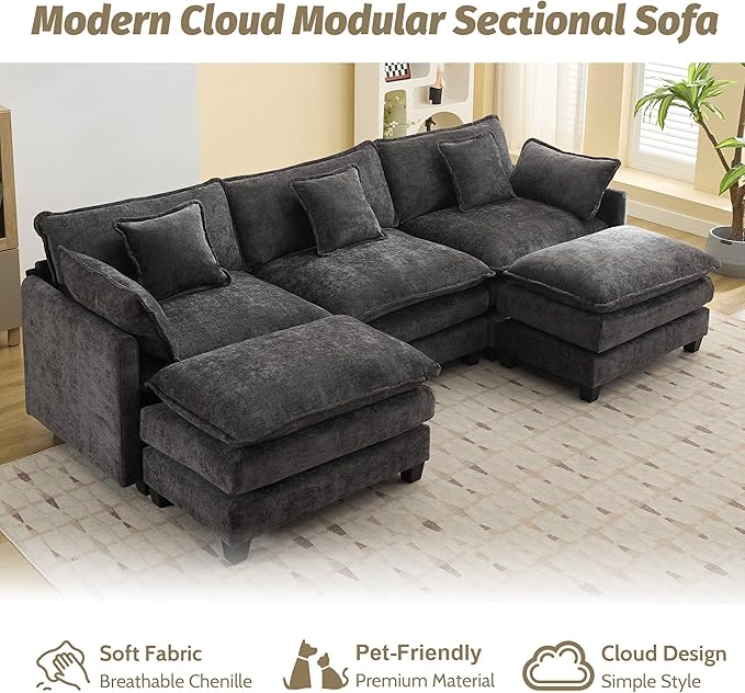 111'' Sectional Cloud Deep Seat Couch, Oversized Chenille U Shaped Sectional